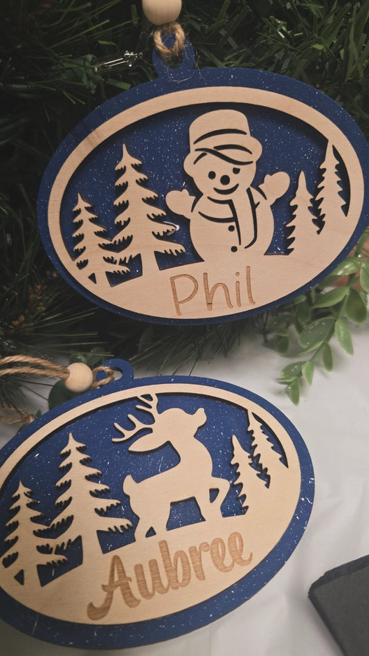 Personalized Christmas Ornaments - Snowman or Reindeer Designs